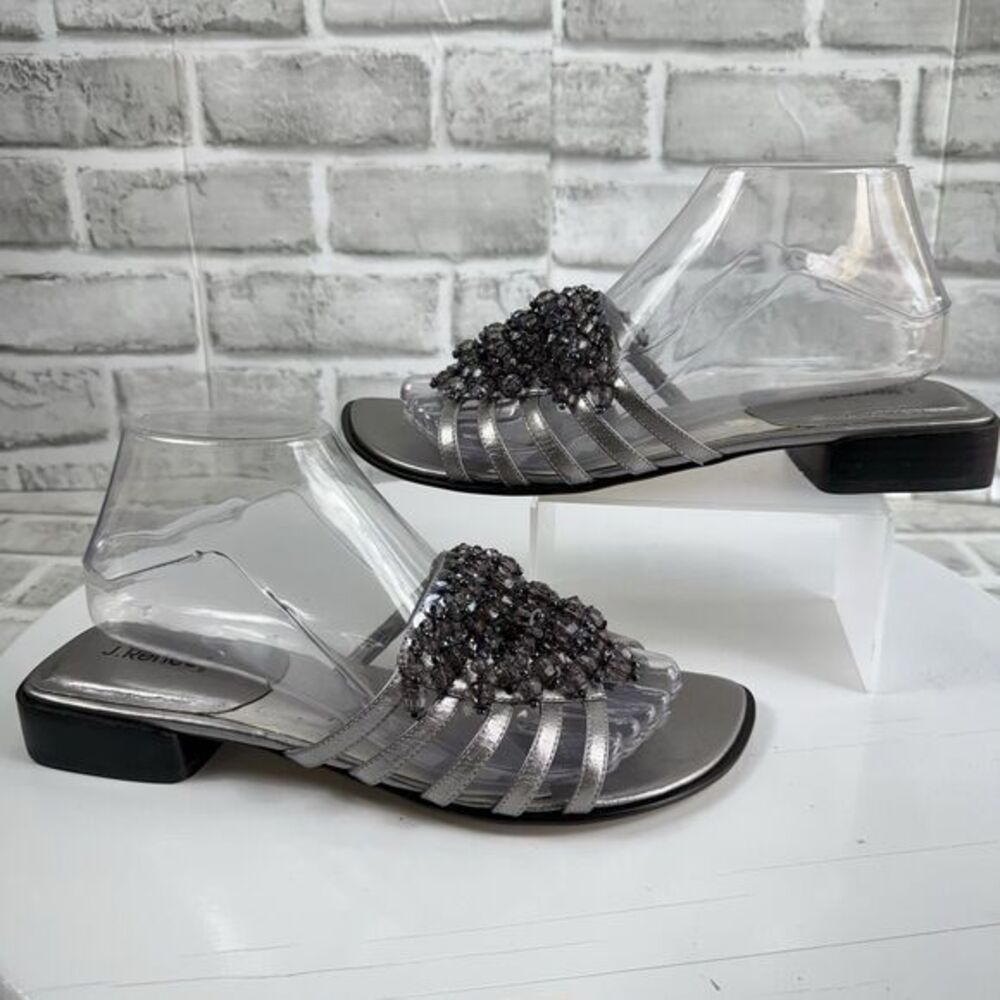 J. Renee Vintage Silver Metallic Leather Women's Size 8.5 Beaded Slide Sandals